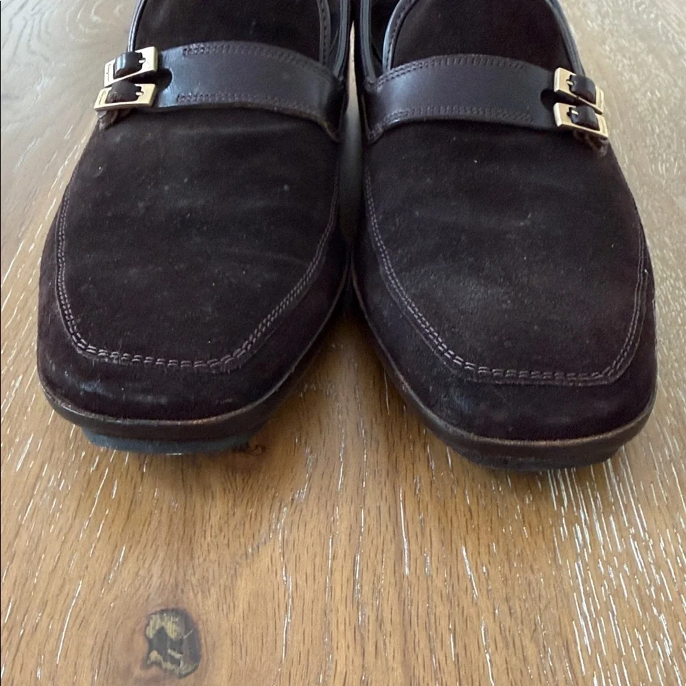 Ferragamo Men's Brown Suede Slip-On Loafers with Gold Buckle